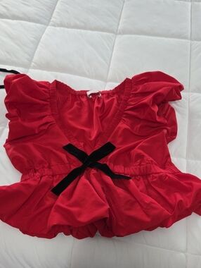 LOFT Red Puff Sleeve Peplum Top with Black Bow Accent